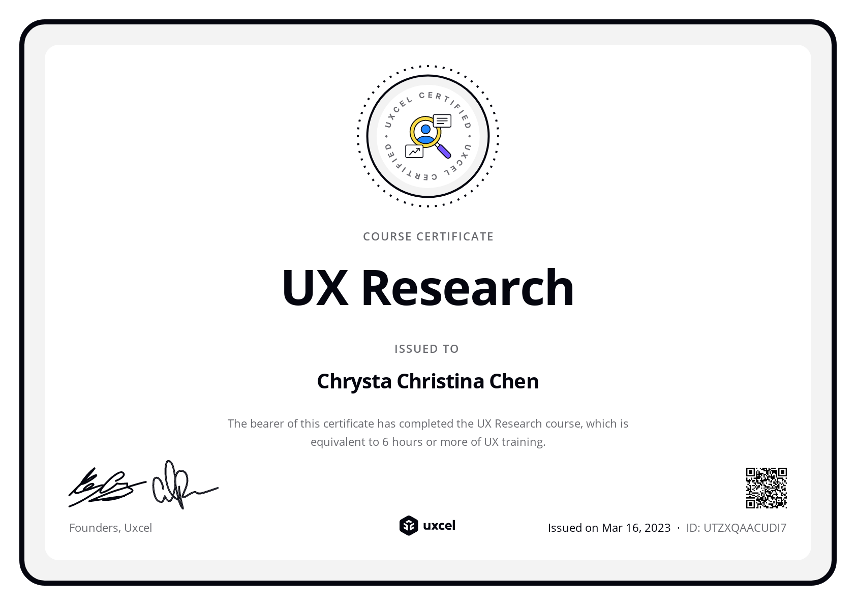 Chrysta Christina Chen's certificate